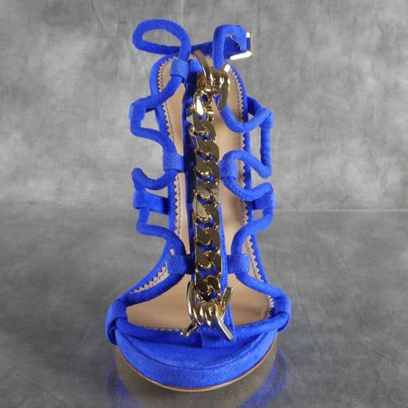 NIB Dsquared2 BABE WIRE Gold-Tone Chain Blue STILETTO HEELS Sz 6* US 36 EU ANB - Picture 5 of 13